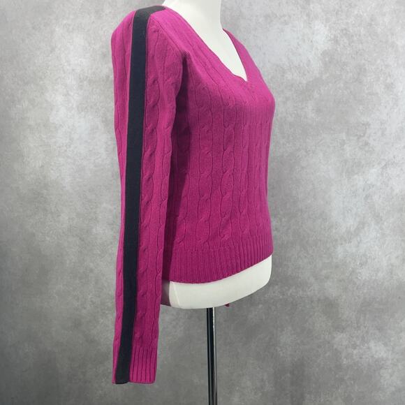 Vtg Juicy Couture Womens L Cashmere Hot Pink Cable Knit Sweater Brown Stripe Slv - Picture 2 of 8